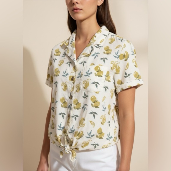 Kuhl Tops - Kuhl Women’s Elsie Lemon Fruit Print Tie Front Button Up Shirts Cream Sz S